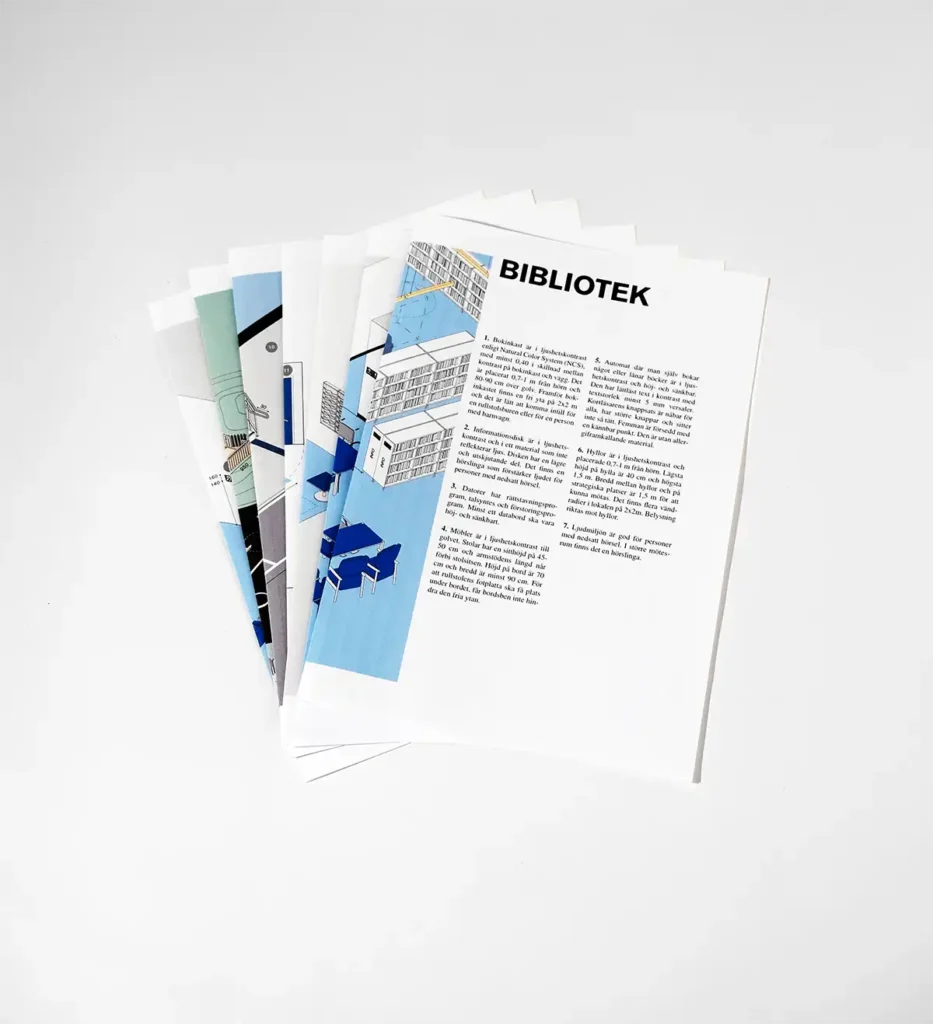 Illustrationer presenterade som vikta ark i en solfjäderformation. Den översta visar delar av en illustration tillsammans med tillhörande förklarande text.