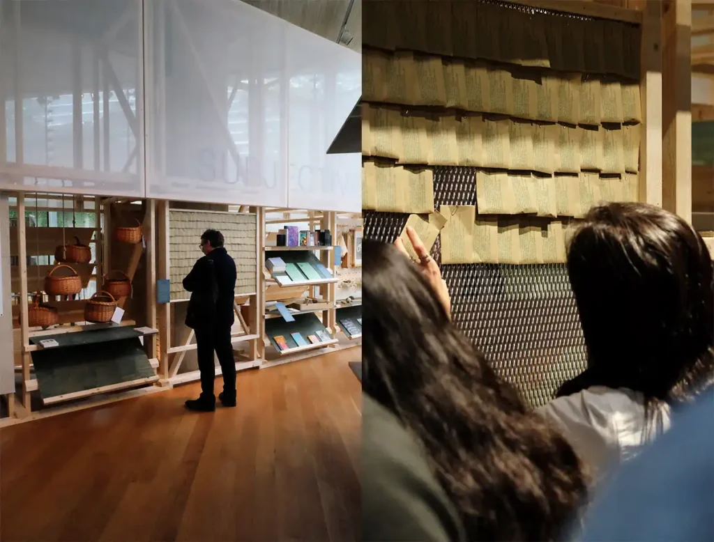 Personer står vid en utställningsmonter på Oslo Architecture Triennale 2019 och interagerar med vårt bidrag.